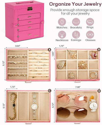 Homde Synthetic Leather Huge Jewelry Box Mirrored Watch Organizer Necklace Ring Earring Storage Lockable Gift Case (Pink + Gold)