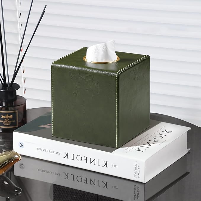 MEIBOOCH Square Tissue Box Cover, Luxury PU Leather Tissue Holder with Magnetic Closure (Dark Green)