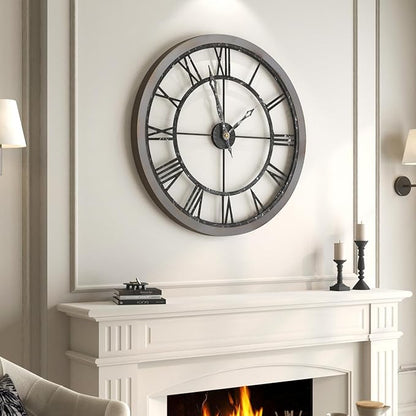 30 Inch Large Wall Clock for Living Room Decor, Modern Wood Decorative Wall Clocks with Solid Wooden Frame, Battery Operated Silent Non-Ticking Clock - Roman Numerals