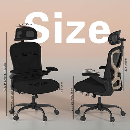 Ergonomic Office Chair, Mesh Desk Chair with Headrest, Lumbar Support, Thick Seat Cushion, Flip-up Arms, High Back Computer Task Chairs for Home Office (English, Black/Gold)