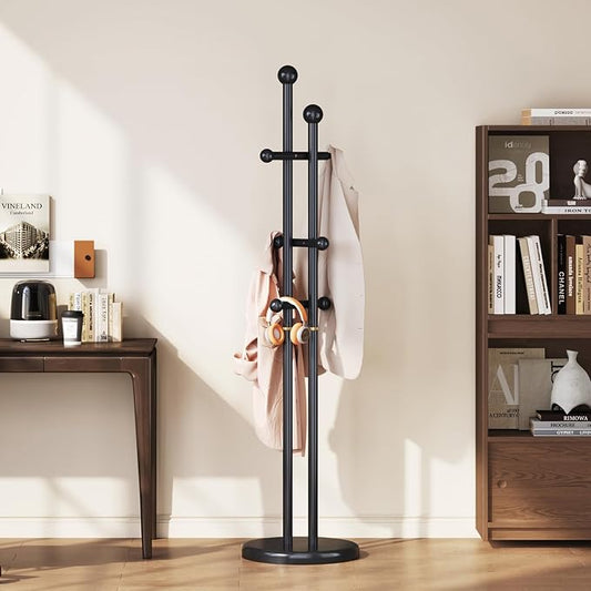 Uniclinens Wood Coat Rack Freestanding - Heavy Duty Freestanding Coat Rack, Wooden Coat Stand with 6 Hooks Creative Tree Branch-look for Entryway, Hallway, Bedroom (Black)