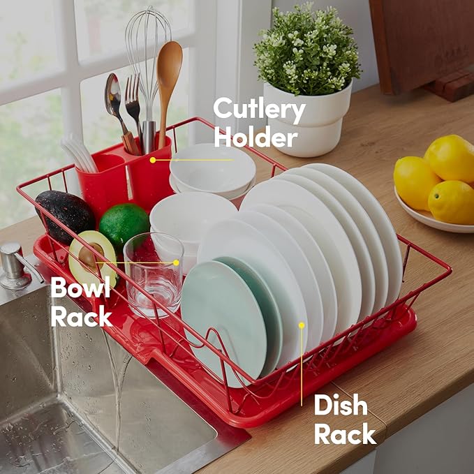 Sweet Home Collection Space-Saving 3-Piece Dish Drainer Rack Set: Efficient Kitchen Organizer for Quick Drying and Storage - Includes Cutlery Holder and Drainboard - Maximize Countertop Space, Red