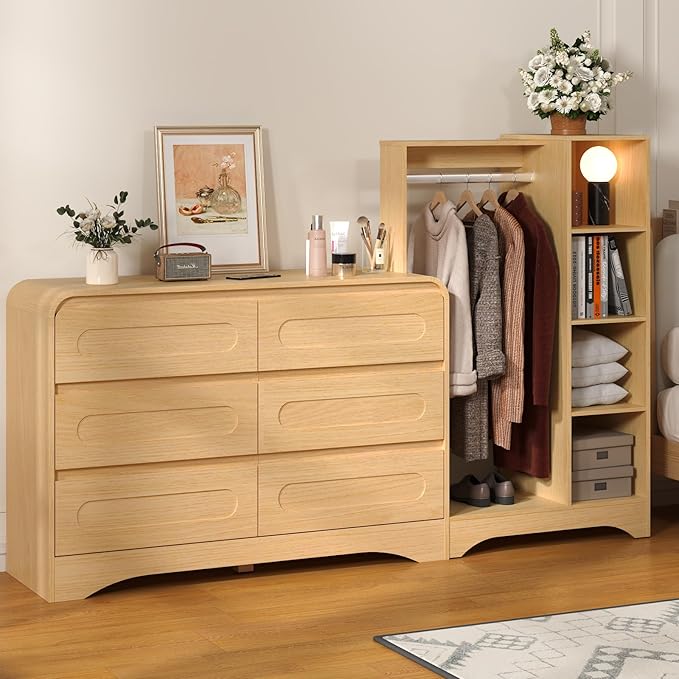 Dresser with Clothes Hanging Rack, Pre-Installed Slides for Fast Installation, 3-in-1 Wardrobe Closet with Drawers and Shoe Shelves, Modern Wood Storage Armoire for Bedroom,Natural Oak