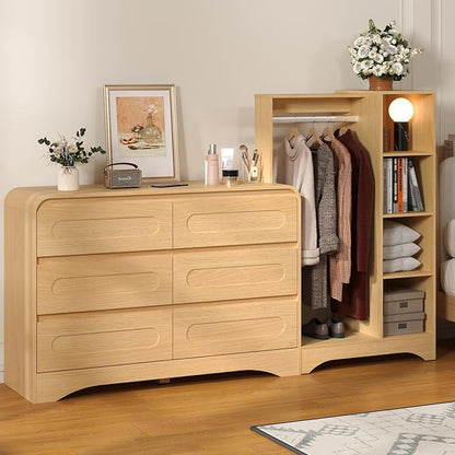 Dresser with Clothes Hanging Rack, Pre-Installed Slides for Fast Installation, 3-in-1 Wardrobe Closet with Drawers and Shoe Shelves, Modern Wood Storage Armoire for Bedroom,Natural Oak
