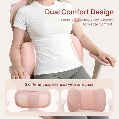 CabLady S1 Petite Ergonomic Office Chair Design with Detachable Pillow Lumbar Cushion, Coat Hanger, 2D Headrest & PU Armrests, Cloud Seat & Footrest Cute Desk Chair for Women Girls