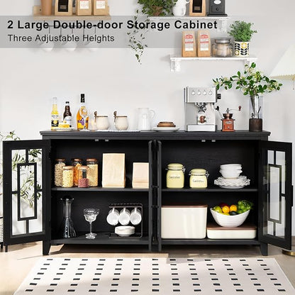 Large Sideboard Buffet Cabinet with Storage, 63" Black Farmhouse Kitchen Coffee Wine Bar Cabinet with 4 Glass Doors, Mid Century Modern Wooden Side Board Table for Dining Room, Living Room