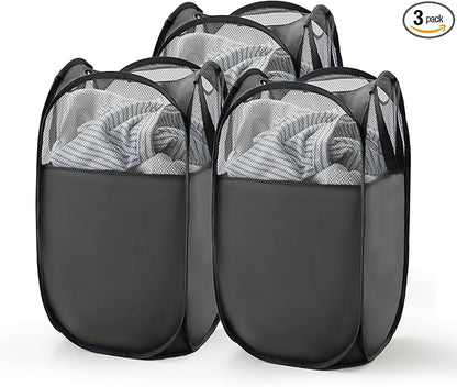 TECHMILLY Pop Up Foldable Laundry Basket, Mesh Laundry Hamper with Reinforced Handles for Dirty Clothes Storage in Dorm, Laundry Room, Bathroom, Black(Fabric), 3 Pack