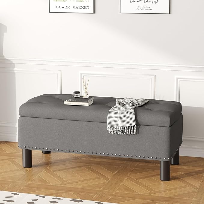 Furniliving Storage Bench, Upholstered Linen Ottoman Bench with Button-Tufted, Folding Bedroom Bench with Wood Legs, Entryway Bench for Bedroom, Grey