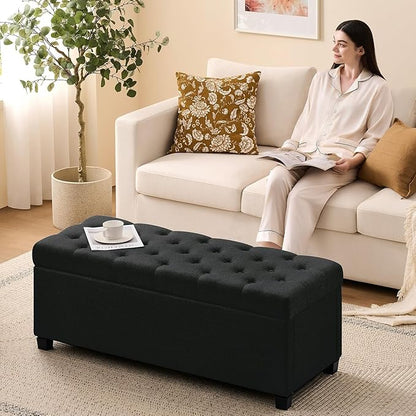 47.2" Ottoman with Storage, Storage Ottoman Bench with Safety Hinge,Tufted End of Bed Bench, Upholstered Entryway Bench for Bedroom, Living Room & Window (Blacklinen-Upgraded Version)