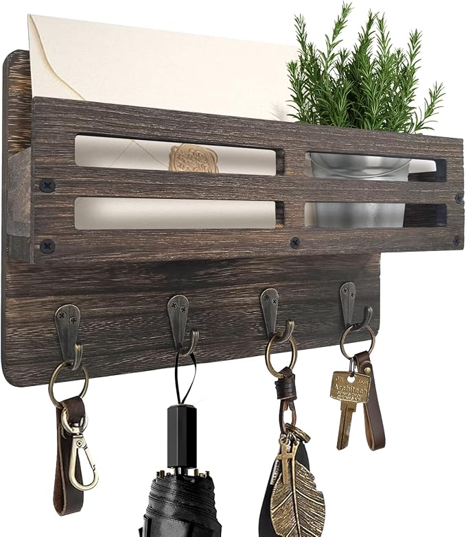 Key Holder Wall Mount Farmhouse Key Hooks for Wall with Mail Organizer Decorative Key Rack with 4 Sturdy Hooks for Dog Leash, Sunglasses, Rustic, Paulownia Key Hanger for Entryway, Brown