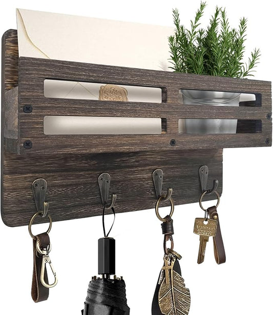 Key Holder Wall Mount Farmhouse Key Hooks for Wall with Mail Organizer Decorative Key Rack with 4 Sturdy Hooks for Dog Leash, Sunglasses, Rustic, Paulownia Key Hanger for Entryway, Brown