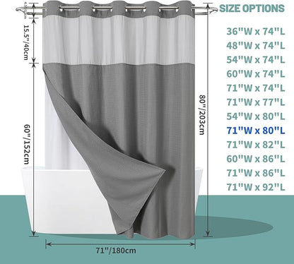 Grey Long No Hook Waffle Weave Shower Curtain with snap-in Liner Replacement, 230GSM Waterproof Fabric Hotel Shower Curtain Set for Bathroom, Through Mesh Top Window,71Wx80H