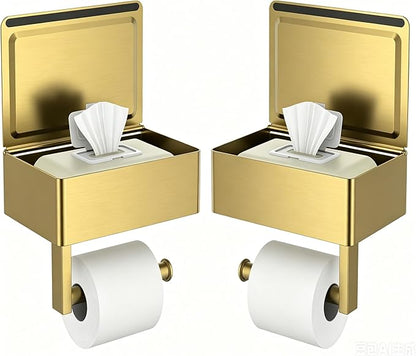 FORIOUS Toilet Paper Holder with Shelf, Sanitary Napkin Receptacle Tampon Holder, Wall Mount Toilet Paper Holder with Storage, Flushable Wipes Dispenser Fits for Bathroom Commercial(2, Brushed Gold)