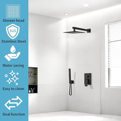 Shower Faucet Set Rainfall Shower System with Square Showerhead and Handle Set Fixture with 2 in 1 Function Handheld Sprayer Wall Mounted Trim Repair Kit Rough-in Valve 8 Inch Matte Black
