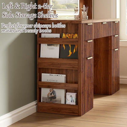 47.2" Fluted Makeup Vanity Desk with Large 28.7" Mirror and Lights, 5 Drawer Vanity with Power Strip, 6 Open Shelves, 2 Cabinet, Modern Bedroom Vanity Featuring Visual Transparent Glass. Walnut