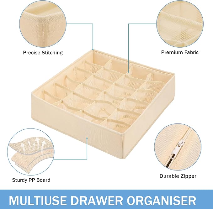 Foldable Storage Cubes Drawer Underwear Organizer Dividers， under Cabinet Organizer 24-Cell Fabric Storage Boxes for Lingerie,Socks,Ties（Creamy-White）