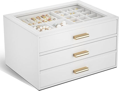 AKOZLIN Jewelry Box with Clear Lid Functional Leather Jewelry Storage Organizer Case 3 Drawers for Women Girls Necklace Ring Bracelet Earring