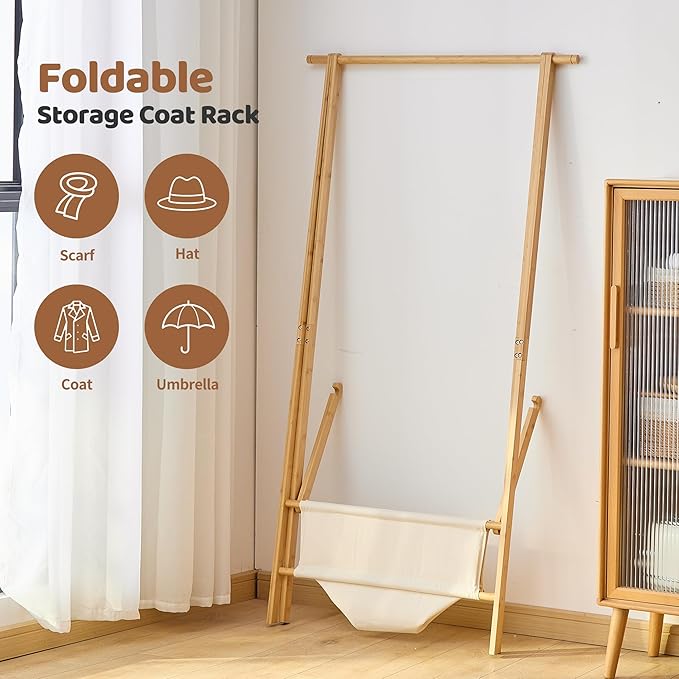 FILWH Bamboo Clothes Rack with Storage Box Foldable Garment Holder Coat Rack Freestanding Coat Stand Child Clothing Stand for Hanging Coat Dress up Racks (Natural, Large)