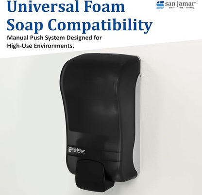 San Jamar Manual Soap Dispenser – 1300 mL Capacity Liquid Dispenser for Bulk Foaming Soaps, Wall Mount, Refillable with Transparent Reservoir Easy Push Bar for Commercial or Office Use, Black Pearl