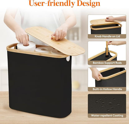 Lifewit Toilet Paper Storage Holder for 12 to 16 Rolls, Free Standing Toilet Paper Basket Stand with Bamboo Lid, Collapsible Fabric Bathroom Organizer Box for Mega Rolls, 30L, Extra Large, Black
