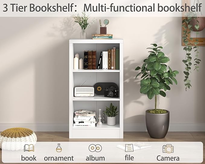 furtble Narrow 3-Tier Bookshelf, 23.6 Inch Wide Storage Shelf - Space Saving Floor Standing Bookcase for Small Spaces, Home Office, Bedroom, Easy to Assemble with Thick Wood, White