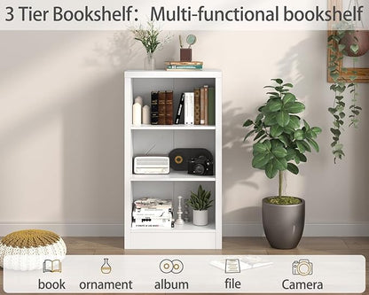 furtble Narrow 3-Tier Bookshelf, 23.6 Inch Wide Storage Shelf - Space Saving Floor Standing Bookcase for Small Spaces, Home Office, Bedroom, Easy to Assemble with Thick Wood, White