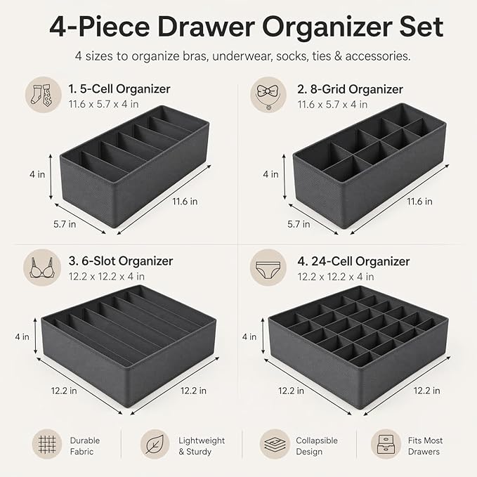 Drawer Organizer Clothes Set, 4 Pack Foldable Dresser Closet Dividers (6/8/7/24-Cell), Non-Woven Underwear & Sock Drawer Organizer, Bra/Tie/Belt Storage Bins (Dark Grey)