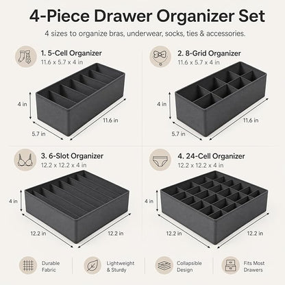 Drawer Organizer Clothes Set, 4 Pack Foldable Dresser Closet Dividers (6/8/7/24-Cell), Non-Woven Underwear & Sock Drawer Organizer, Bra/Tie/Belt Storage Bins (Dark Grey)