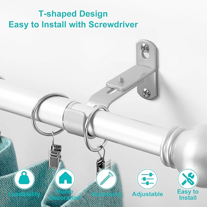 Adjustable Curtain Rod Brackets, Metal Window Drapery Rod Hanger Holders Hooks for 1 inch Rods (Satin Silver, Set of 2)