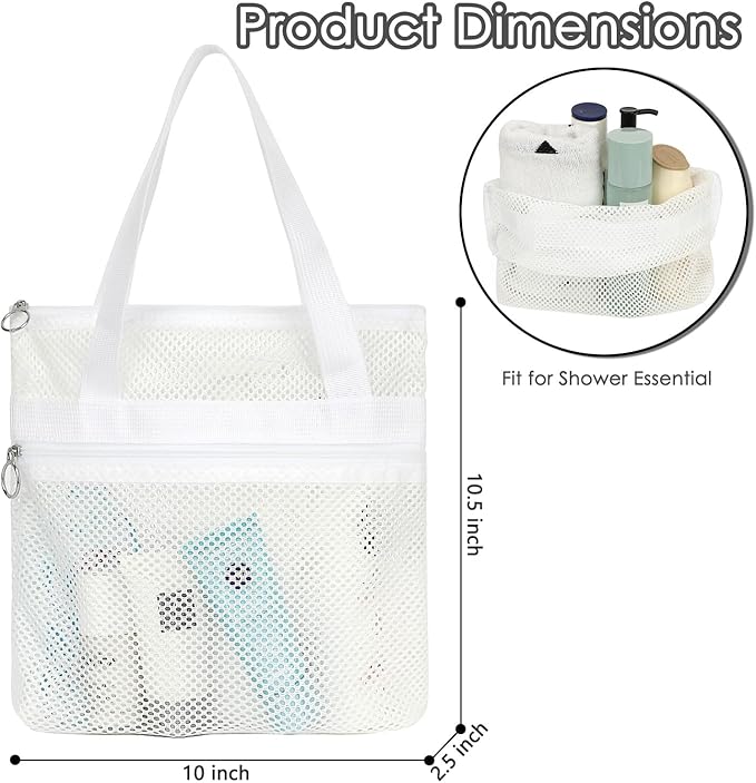 GYEUKHAM Portable Mesh Shower Caddy with 2 Zipper Pockets & Dual Handles, Quick-Drying Hanging Shower Tote for College Dorm, Gym, Travel & Camping, White