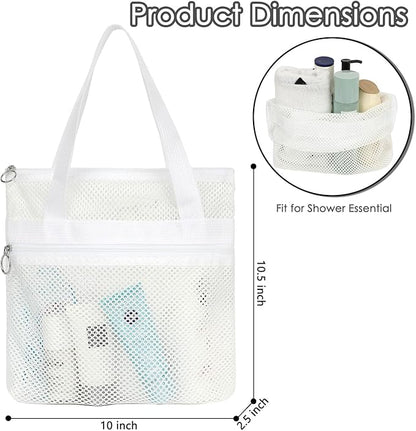GYEUKHAM Portable Mesh Shower Caddy with 2 Zipper Pockets & Dual Handles, Quick-Drying Hanging Shower Tote for College Dorm, Gym, Travel & Camping, White