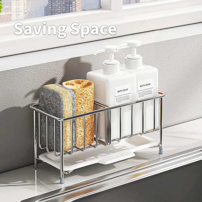 MAXCOOK Kitchen Sink Sponge Holder, 304 Stainless Steel Soap Dispenser Caddy Organize, Kitchen Sink Brush Caddy Holder with Removable Drain Tray