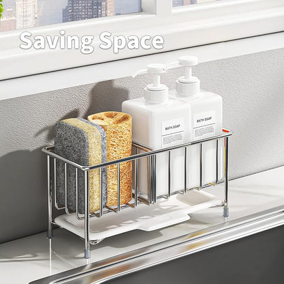 MAXCOOK Kitchen Sink Sponge Holder, 304 Stainless Steel Soap Dispenser Caddy Organize, Kitchen Sink Brush Caddy Holder with Removable Drain Tray