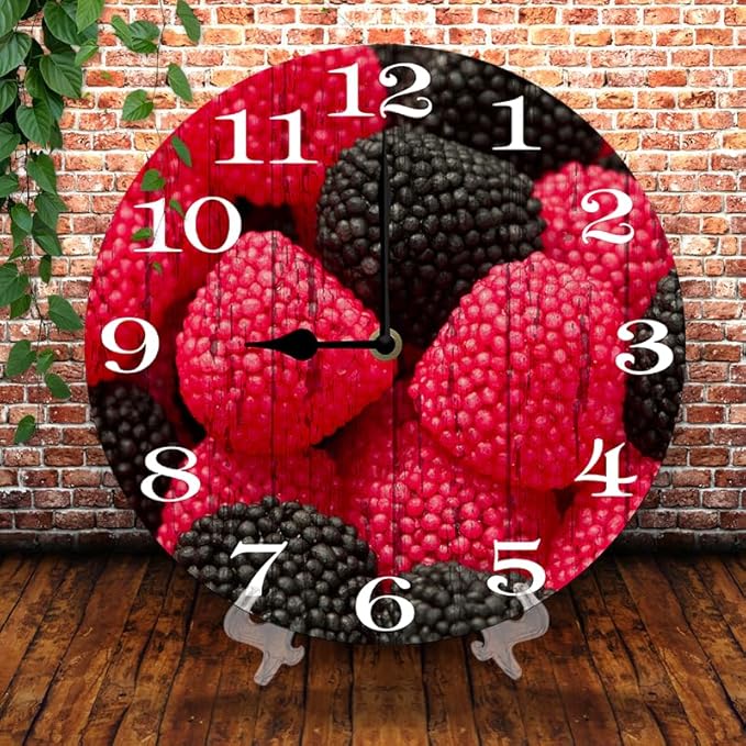Mulberry Fruit Wall Clock 10 Inch Silent Non Ticking Battery Operated Wooden Modern Office Simple Minimalist Clock Decorative for Kitchen Home Bathroom Living Room