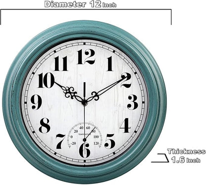 zyzamay 12 Inch Indoor Outdoor Clocks,Waterproof Wall Clock with Thermometer,Easy to Read,Non-Ticking Battery Operated Quality Quartz Clock, Decorative for Patio,Porch,Pool,Bathroom,Deck(Green)