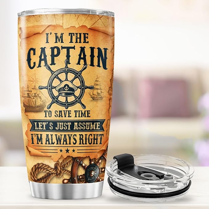 Captain Quote Travel Mug 20oz, Nautical Themed Stainless Steel Insulated Tumbler for Boating Enthusiasts, Funny Gift for Boat Owners, Men, Dad, or Outdoor Use