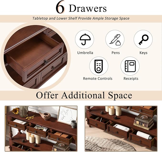 KEIKI 54”L Pine Solid Wood Entryway Console Table with 6 Storage Drawers, Vintage Behind Couch Sofa Table with 2 Tiers Open Shelf for Hallway, Entrance, Entry Way, Living Room, Foyer