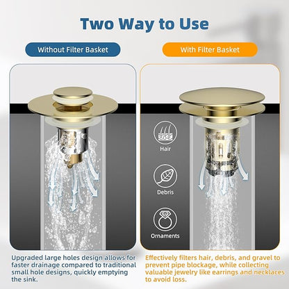 Hibbent Upgraded 3 in 1 Bathroom Sink Drain Strainer, Pop Up Sink Stopper with Big Push Cap, Anti-Clogging Metal Filter Basket,Sink Plug with Hair Catcher for 1.1''~2.36'' Basin, Brushed Gold