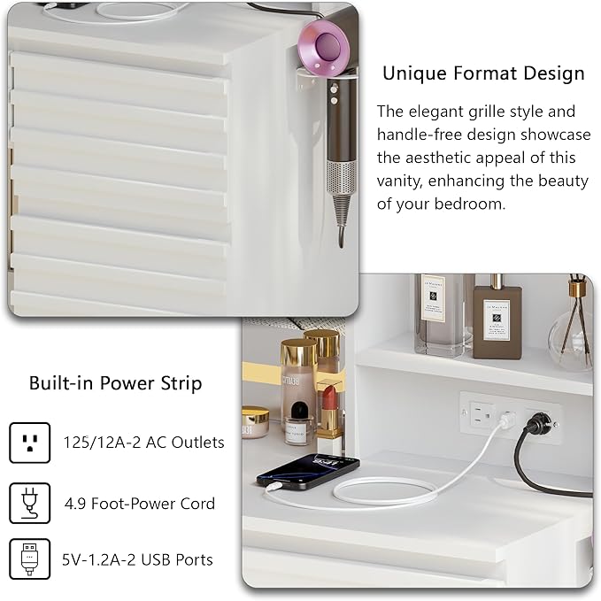 Fluted Vanity Desk with HD Mirror and Lights, Wood Makeup Vanity Table with 4 Drawers & Open Shelves, Mid Century Dressing Table Set with Charging Station, 3 Color Lighting Modes for Bedroom, White