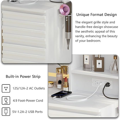 Fluted Vanity Desk with HD Mirror and Lights, Wood Makeup Vanity Table with 4 Drawers & Open Shelves, Mid Century Dressing Table Set with Charging Station, 3 Color Lighting Modes for Bedroom, White