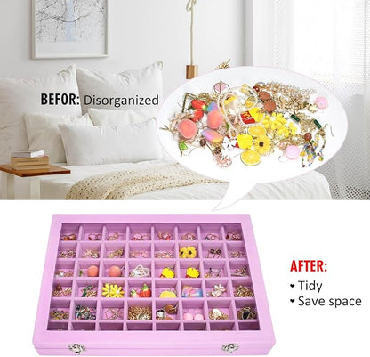 Vicoter Velvet Jewelry Tray 48 Compartments Jewelry Display Organizer with Transparent Cover Rings, Earrings, Necklaces, Pendants Storage Box for Girls, Wives, Mothers, Women