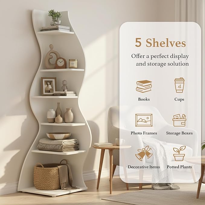 Arvolia 70 Inch Corner Bookshelf, Modern 5-Tier Small Bookshelf with Unique Curved Design, Freestanding Vertical Storage Shelf for Living Room, Bedroom or Home Office (White)