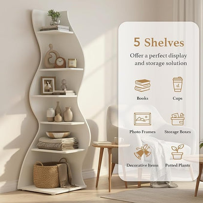Arvolia 70 Inch Corner Bookshelf, Modern 5-Tier Small Bookshelf with Unique Curved Design, Freestanding Vertical Storage Shelf for Living Room, Bedroom or Home Office (White)