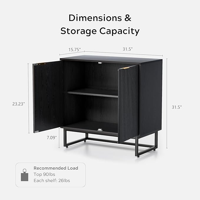 Fluted Storage Cabinet Sideboard Buffet Cabinet, Modern Accent Cabinets with Adjustable Shelves, Credenza Console Table Entryway Cabinets for Living Dining Room, Black