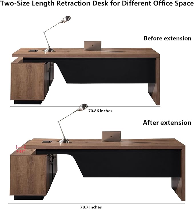 SAINTCY L-Shaped Executive Desk, Retractable Office Desk with Drawers, Large Wood Computer Desks for Boss, Bussiness Owners, Manangers and Supervisors, Adjustable Width (Left Return, 70.86" to 78.7")
