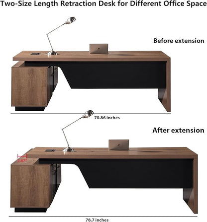 Retractable L-Shaped Executive Desk, Modern Office Desk with Drawers and Lateral File Cabinet, Large Computer Desk with Storage Shelves, Workstation for Home Office (Right Return, 70.86 - 78.7 IN)