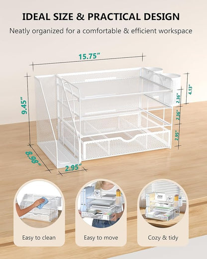 WALI Desk File Organizer, 4 Tier Desktop Paper Letter Tray Organizer with Drawer and 2 Pen Holders, Office Desk Accessories & Workspace Organizers for Office, Home Supplies(DO005DH-W), 1 Pack, White