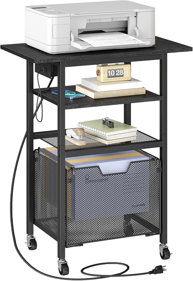 HOOBRO Printer Stand, Printer Table with Charging Station, Printer Cart with Hanging File Folder Organizer, Rolling File Cabinet Cart, Shelf for Home Office, Black BB17UPS01