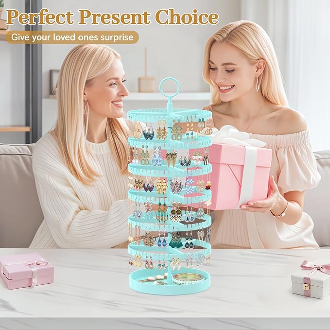 MODOWEY 6 Tier Rotating Earring Holder Organizer Display Tree with Metal Tray, Adjustable Plastic Stand with 342 Slots for Stud Hoop Hanger, Large Capacity Storage Rack for Women Space-Saving, Blue