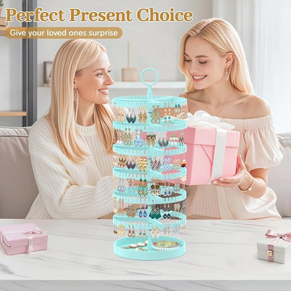 MODOWEY 6 Tier Rotating Earring Holder Organizer Display Tree with Metal Tray, Adjustable Plastic Stand with 342 Slots for Stud Hoop Hanger, Large Capacity Storage Rack for Women Space-Saving, Blue